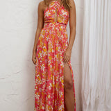 Athena High Split Maxi Dress Retro Floral Orange