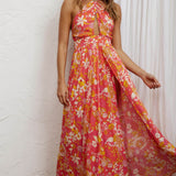 Athena High Split Maxi Dress Retro Floral Orange