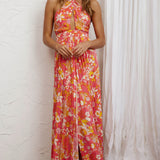 Athena High Split Maxi Dress Retro Floral Orange
