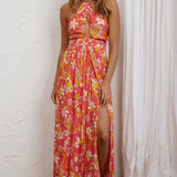 Athena High Split Maxi Dress Retro Floral Orange