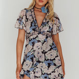 Laney Angel Sleeve Ruffle Dress Floral Blue