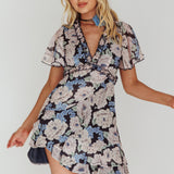 Laney Angel Sleeve Ruffle Dress Floral Blue