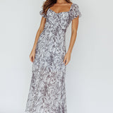 Linka Off-Shoulder Tie Back Midi Dress Printed Grey