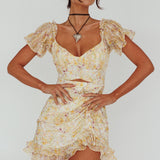 Linka Drawstring Detail Frill Dress Floral Beige