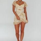 Linka Drawstring Detail Frill Dress Floral Beige