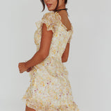 Linka Drawstring Detail Frill Dress Floral Beige
