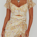Linka Drawstring Detail Frill Dress Floral Beige