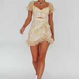 Linka Drawstring Detail Frill Dress Floral Beige