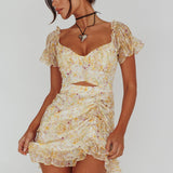 Linka Drawstring Detail Frill Dress Floral Beige