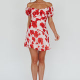 Linka Puff Sleeve Waist Tie Dress Floral Red