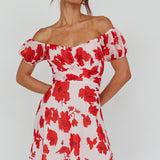 Linka Puff Sleeve Waist Tie Dress Floral Red