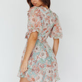 Madison Bow Tie Bust Puff Sleeve Dress Floral Mint