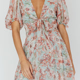 Madison Bow Tie Bust Puff Sleeve Dress Floral Mint