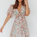 Madison Bow Tie Bust Puff Sleeve Dress Floral Mint