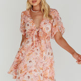 Madison Bow Tie Bust Puff Sleeve Dress Flowers Orange