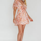 Madison Bow Tie Bust Puff Sleeve Dress Flowers Orange
