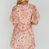 Madison Bow Tie Bust Puff Sleeve Dress Flowers Orange