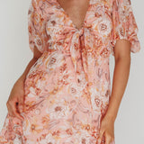 Madison Bow Tie Bust Puff Sleeve Dress Flowers Orange