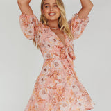 Madison Bow Tie Bust Puff Sleeve Dress Flowers Orange