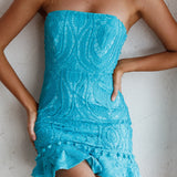 Zoey Lace Embroidery Strapless Mini Dress Blue