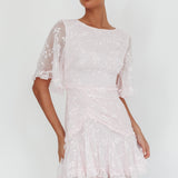 Leona Half Sleeve Frill Trim Dress Embroidered Blush