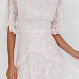 Leona Half Sleeve Frill Trim Dress Embroidered Blush