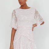 Leona Half Sleeve Frill Trim Dress Embroidered Blush