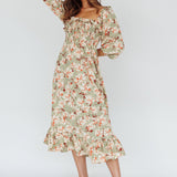 Flynn Balloon Sleeve Shirred Midi Dress Floral Green