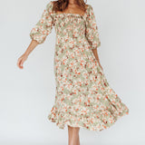 Flynn Balloon Sleeve Shirred Midi Dress Floral Green