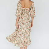 Flynn Balloon Sleeve Shirred Midi Dress Floral Green
