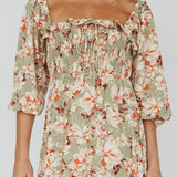 Flynn Balloon Sleeve Shirred Midi Dress Floral Green