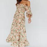Flynn Balloon Sleeve Shirred Midi Dress Floral Green