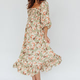Flynn Balloon Sleeve Shirred Midi Dress Floral Green