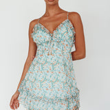 Match Maker Criss-Cross Back Frill Trim Dress Floral Print Blue Multi