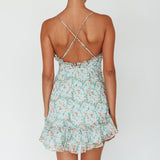 Match Maker Criss-Cross Back Frill Trim Dress Floral Print Blue Multi