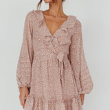 Marcheline Balloon Sleeve Waist Tie Dress Sprinkle Print Pink