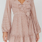 Marcheline Balloon Sleeve Waist Tie Dress Sprinkle Print Pink