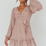 Marcheline Balloon Sleeve Waist Tie Dress Sprinkle Print Pink