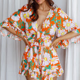 Athira Tied Bust Flared Sleeve Romper Daisy Orange