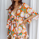 Athira Tied Bust Flared Sleeve Romper Daisy Orange