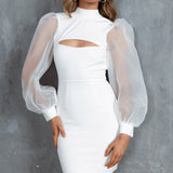 Dinner At 8 Sheer Balloon Sleeve Dress White