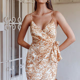 Medellin Gathered Side-Tie Wrap Dress Paisley Beige