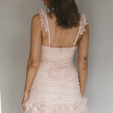 Kaley Ruched Side Layered Frill Hem Lace Mini Dress Blush