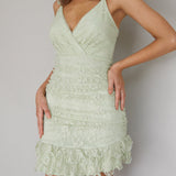 Kaley Ruched Side Layered Frill Hem Lace Mini Dress Sage