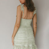 Kaley Ruched Side Layered Frill Hem Lace Mini Dress Sage