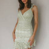 Kaley Ruched Side Layered Frill Hem Lace Mini Dress Sage