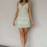 Kaley Ruched Side Layered Frill Hem Lace Mini Dress Sage