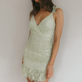 Kaley Ruched Side Layered Frill Hem Lace Mini Dress Sage