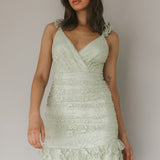 Kaley Ruched Side Layered Frill Hem Lace Mini Dress Sage
