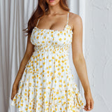 Sunshine Lovers Criss-Cross Back Frill Trim Dress Floral Print White